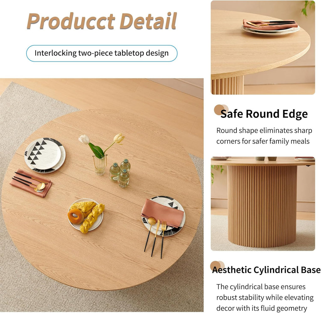 47" Round Dining Table for 4, Modern Farmhouse Wood Veneer Top with MDF Striped Base, Kitchen & Dining Room Tables