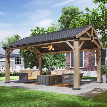 12' x 16' Outdoor Wood Gazebo, Permanent Cedar Wooden Pavilion with Galvanized Steel Hardtop Gable Roof