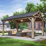 12' x 16' Outdoor Wood Gazebo, Permanent Cedar Wooden Pavilion with Galvanized Steel Hardtop Gable Roof