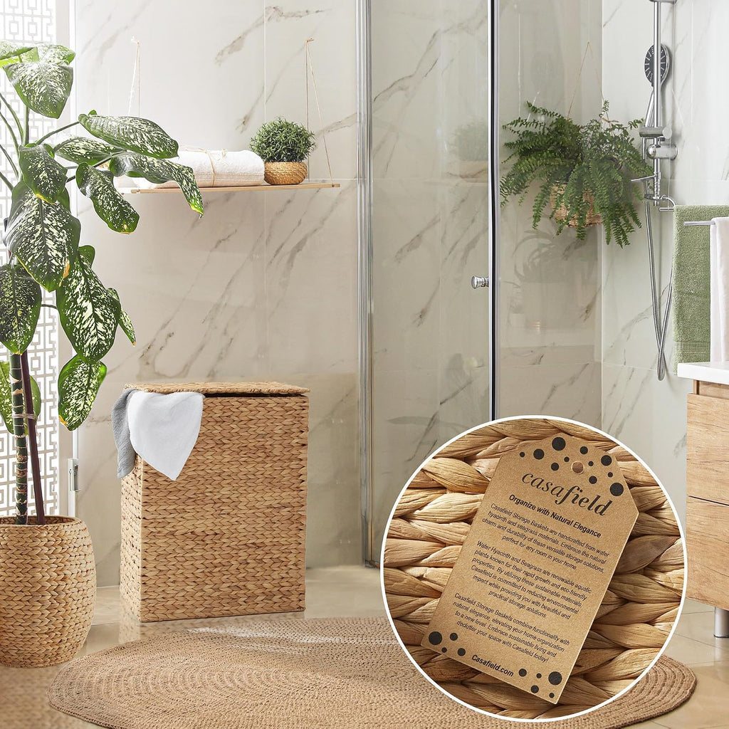 Large Laundry Hamper with Lid and Removable Liner Bag - Natural, Woven Water Hyacinth Rectangular Laundry Basket