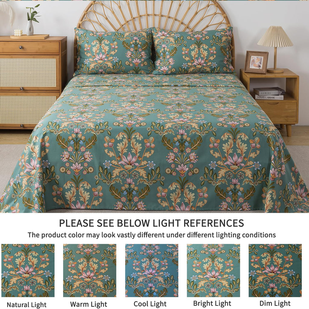 Full Sheet Set, Floral Sheets 4-Piece 100% Percale Cotton Bed Sheets Deep Pocket Fitted Sheet, Boho Vintage Teal Blue