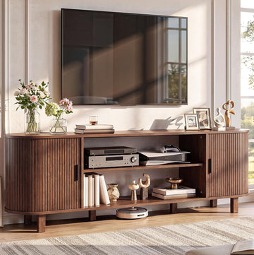 Mid Century Modern TV Stand, 70 inch Entertainment Center with Storage and Fluted Sliding Doors, Adjustable Shelves