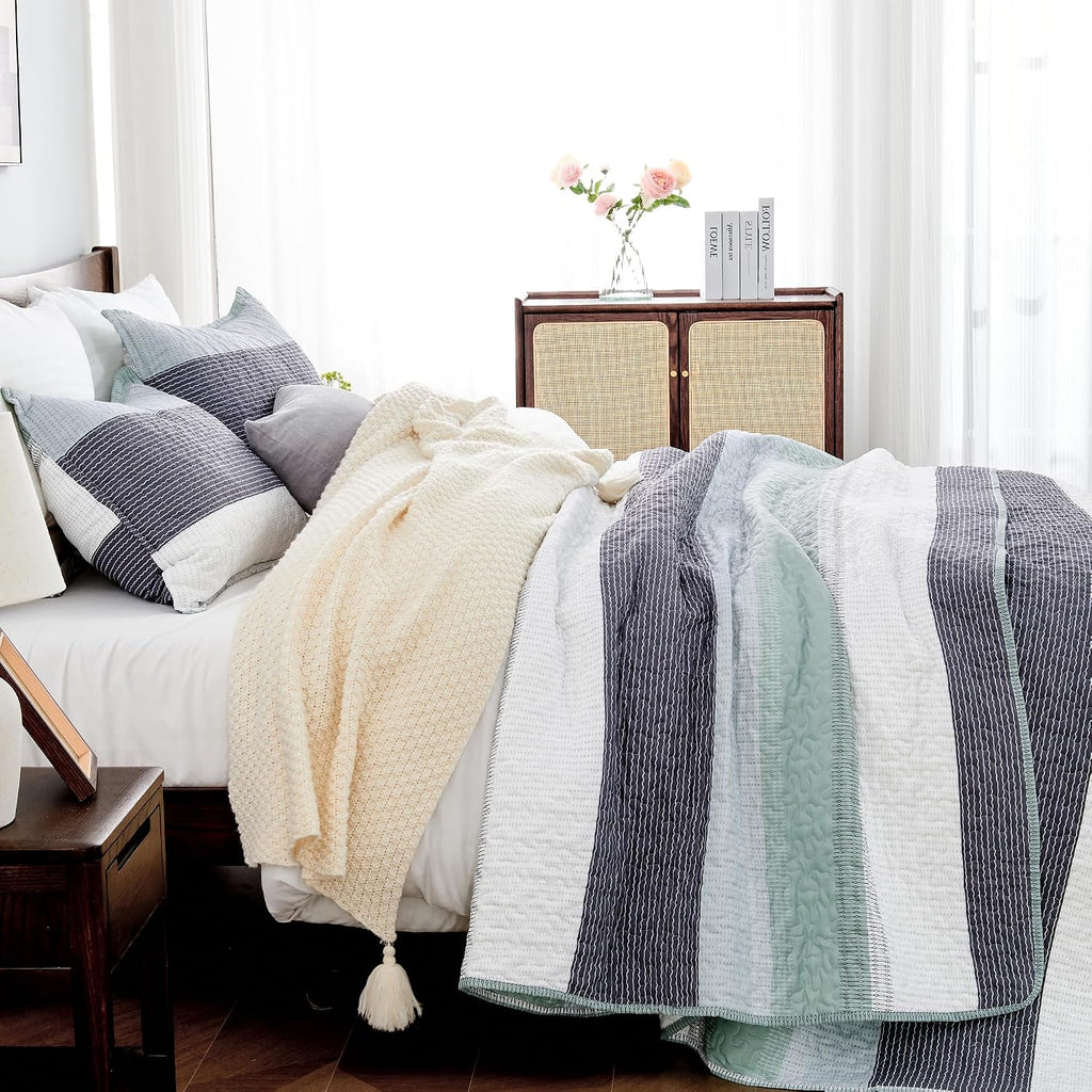 Queen Quilt Bedding Set Sage Green, 3 Pieces Striped Bedspreads - Set of 3