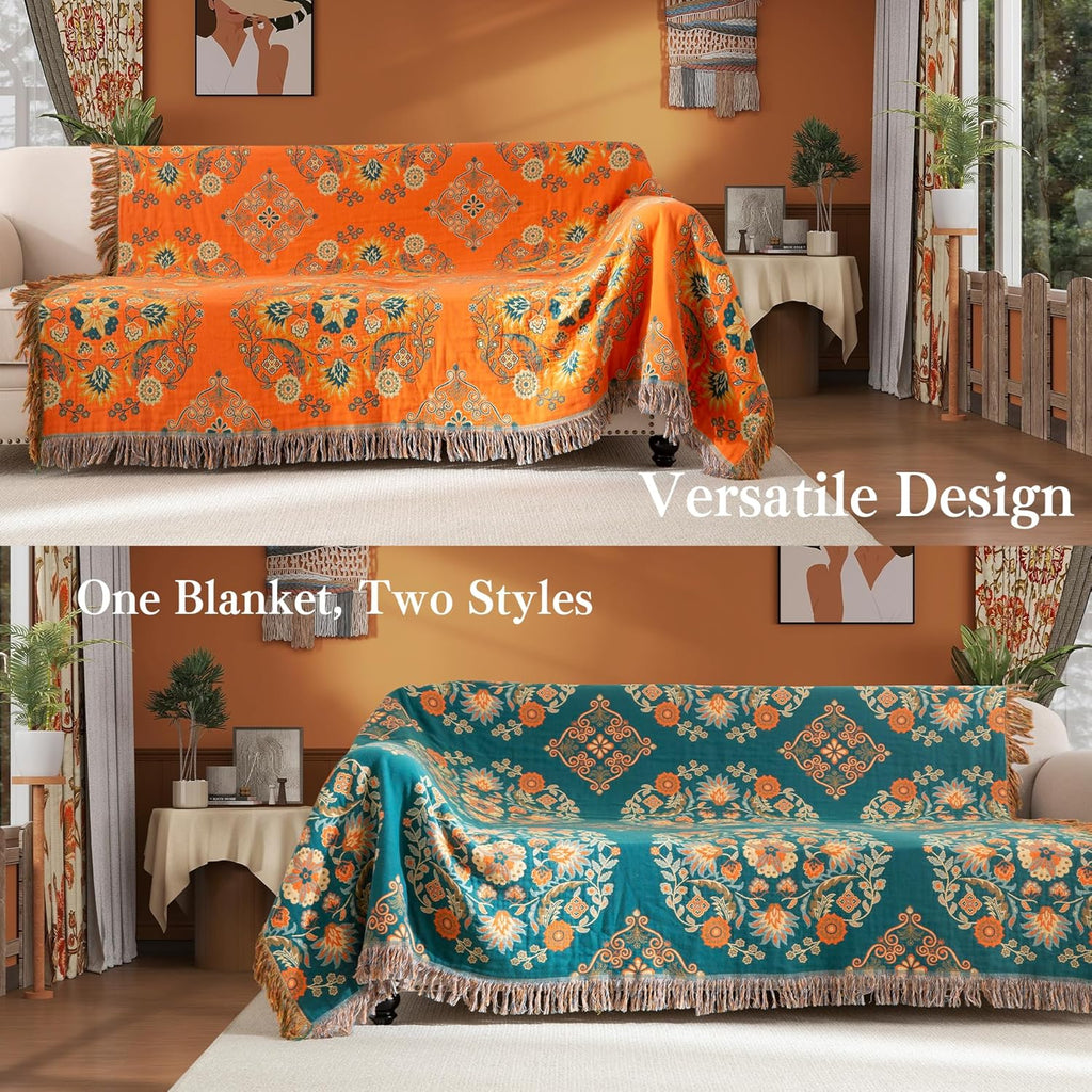Boho Throw Blanket Twin Size, Soft Cozy Cotton Muslin Quilt Blanket, Floral Patterned Couch Sofa Chair Cover, Vintage