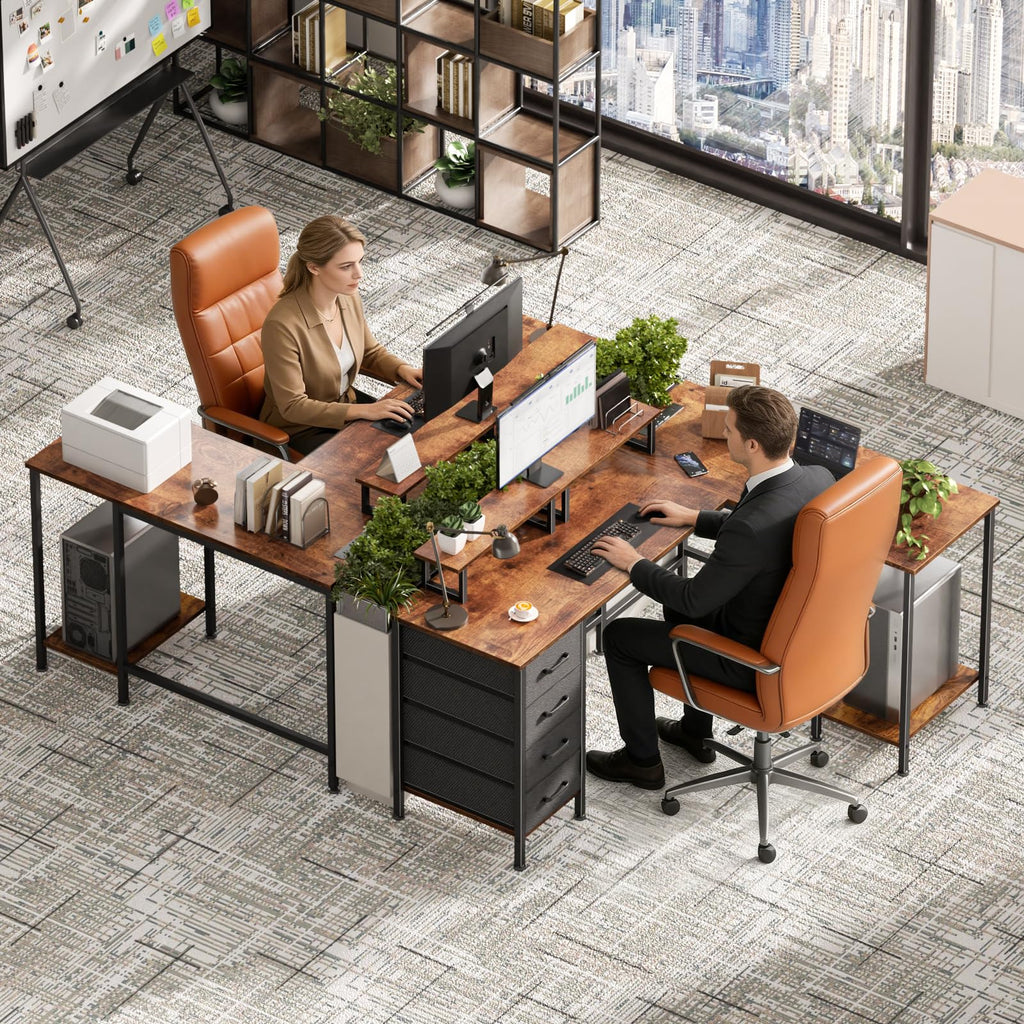 59 inch L Shaped Computer Desk with Power Outlets, Rustic Brown