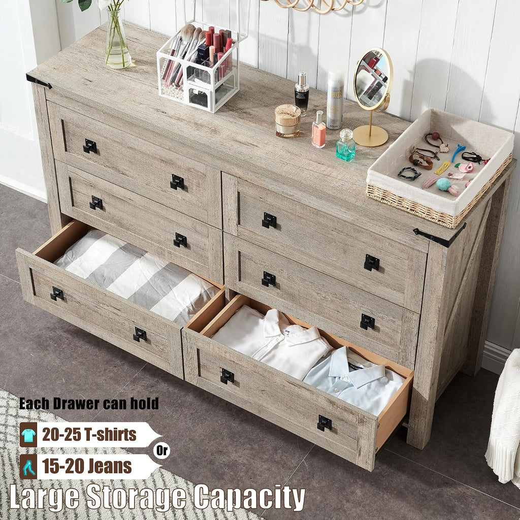 54" Wide Farmhouse 6-Drawer Dresser , Light Rustic Oak | Rustic, Wood Storage Cabinet, Metal Handle, Unique Corner