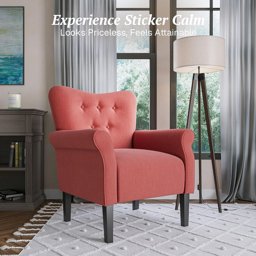 Modern Accent Chair, High Back Armchair, Upholstered Wingback Side Chair, Padded Single Sofa with Wooden Legs - Brick