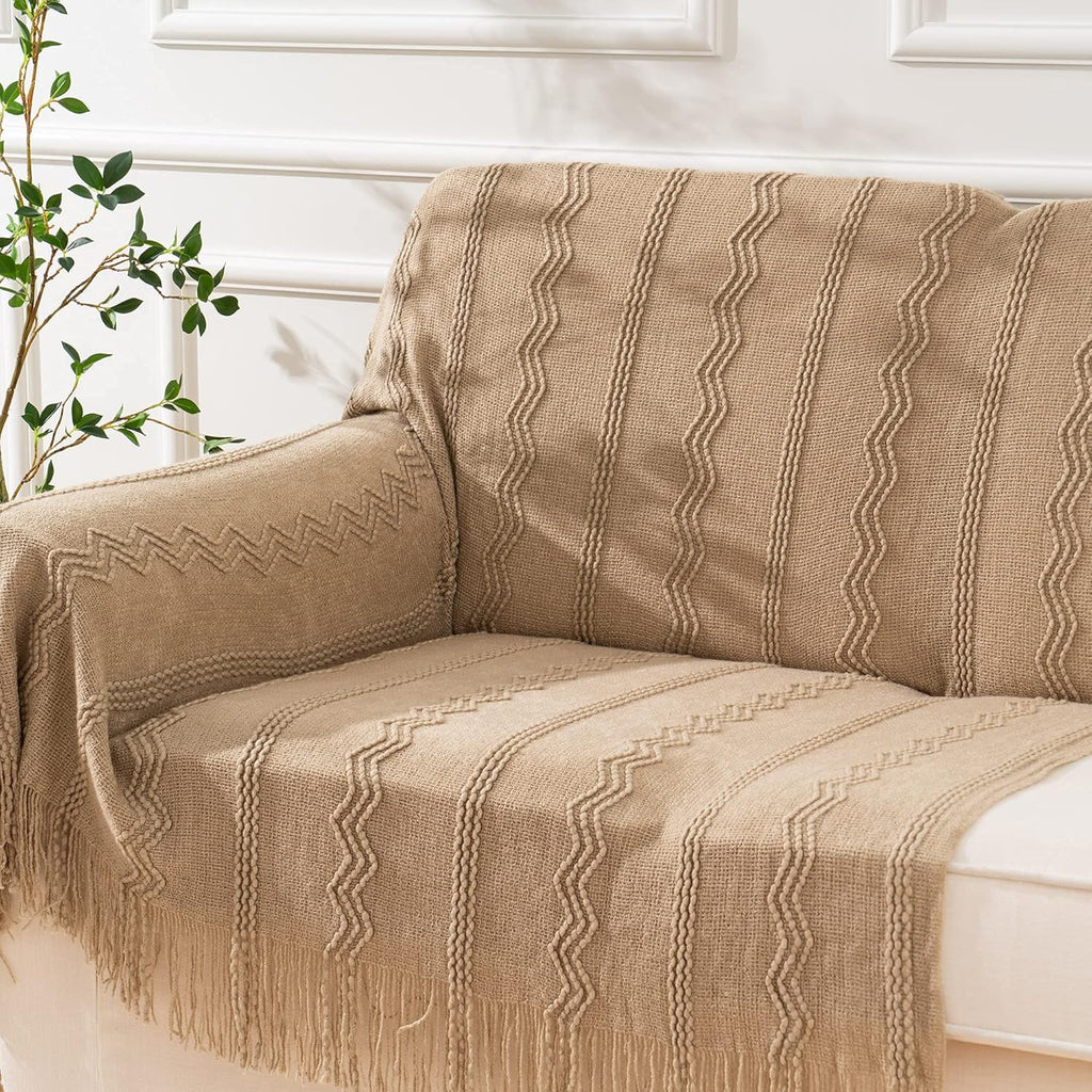 Boho Farmhouse Throw Blanket, 50x60 Tan Taupe Living Room Decor