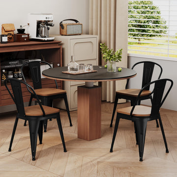 18 Inch Metal Set of 4 Farmhouse Kitchen Chairs with Wooden Seat and Metal Backrest Stackable Black Dining Room