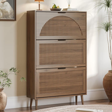 Shoe Cabinet with 3 Flip Drawers, Slim Wooden Shoe Storage Organizer with Modern Fluted Pannel,Freestanding Narrow