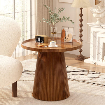 Round Side Table, 23.6'' Fluted Pedestal End Table, Walnut