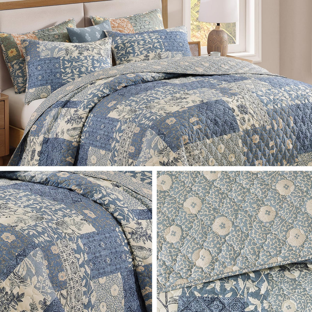 King Quilt Set-3 Pieces Soft Bedspread Floral Patchwork Quilt