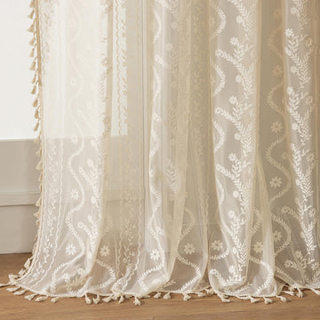 Boho Lace Curtains 2 Panels 84 Inches -Cute Vintage Victorian Sheer Panel Drape French Country Floral Pattern &