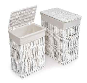 Wicker Nursery Laundry Hampers with Removable Liners and Hinged Lids - Set of 2 Large Clothes Storage Baskets for