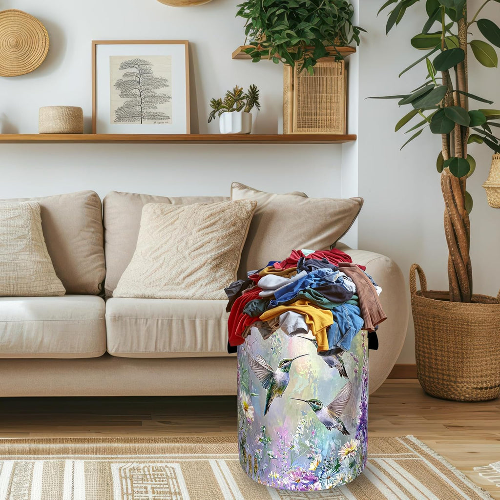 Beautiful Hummingbird Laundry Basket Oxford Cloth Hamper 18.9"x16.5" | Colorful Flower Laundry Hamper With Handle