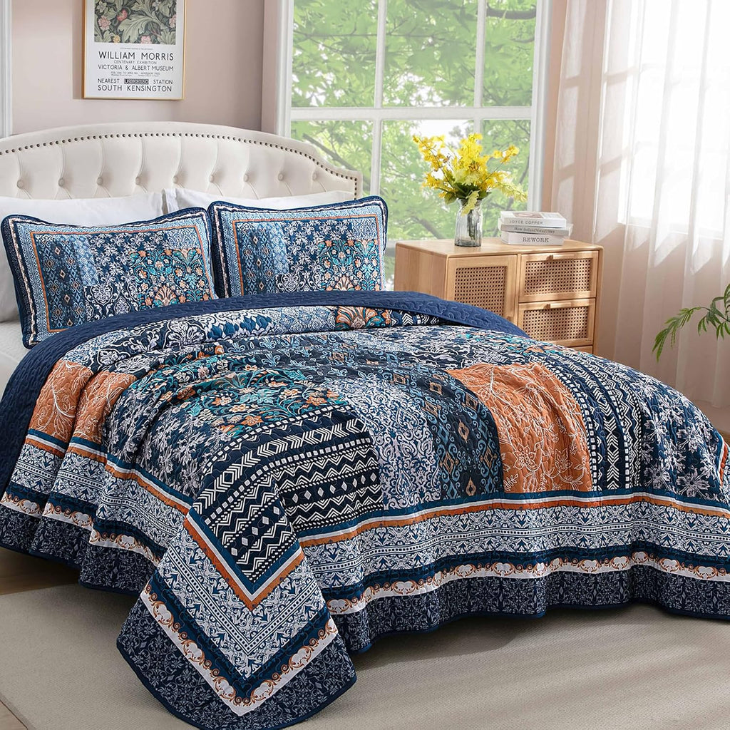 Navy Blue Quilt Set, Bohemian Patchwork Bedspread Coverlet Set, Reversible Farmhouse Floral Pattern Bedspreads