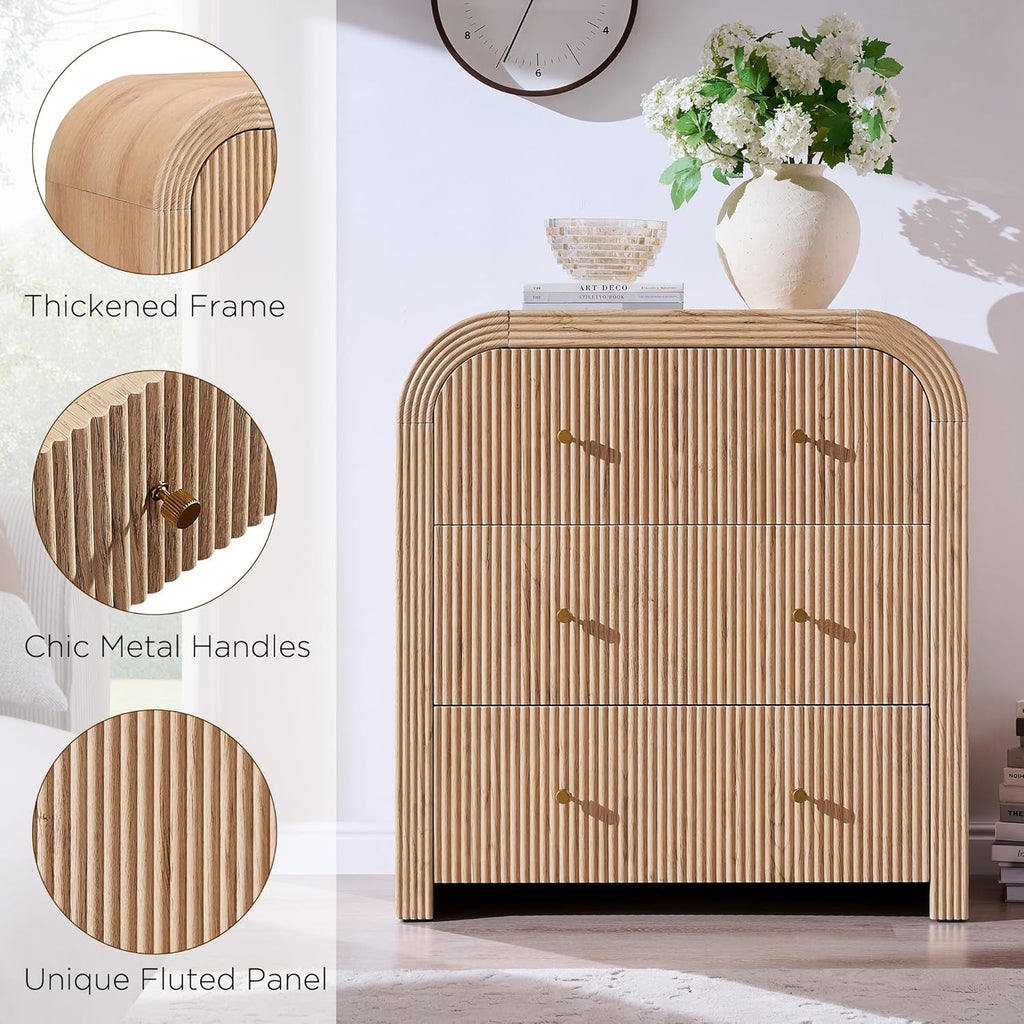 Fluted Nightstand with Charging Station, 32" Large 3 Drawers Bedside Table, Modern End Table with Storage Night Stand