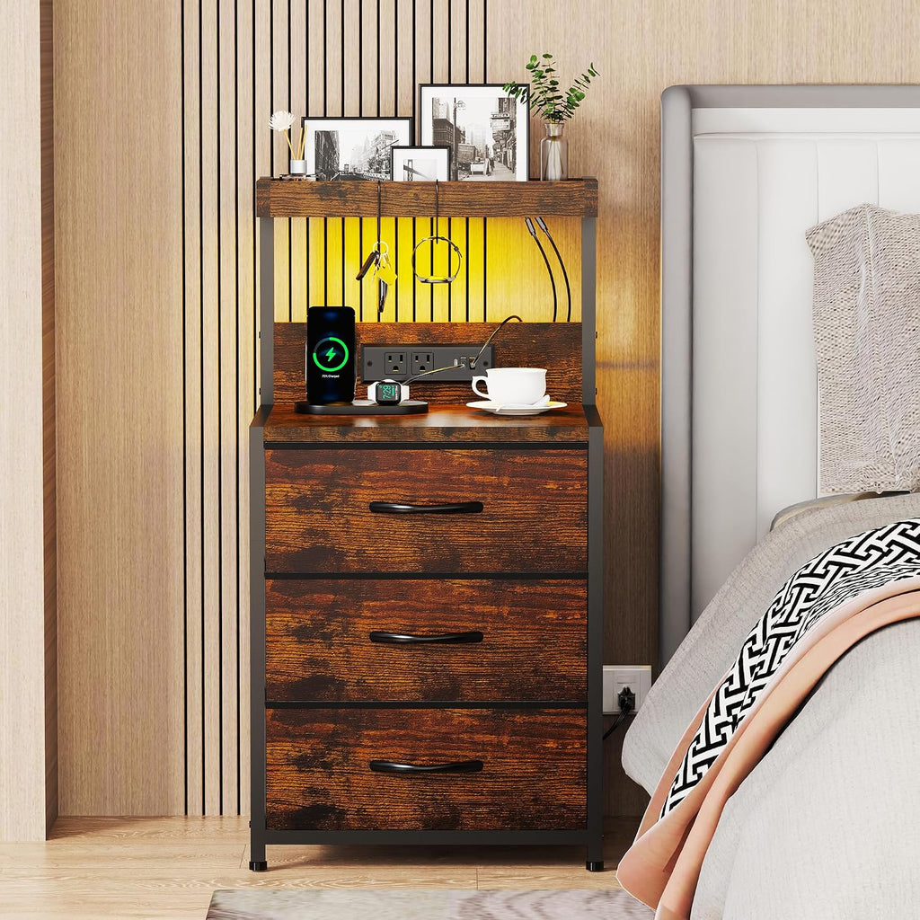 Nightstands Set of 2, End Table with LED Light and Charging Station Type C, 3 Drawers Storage Night Stand with Hooks