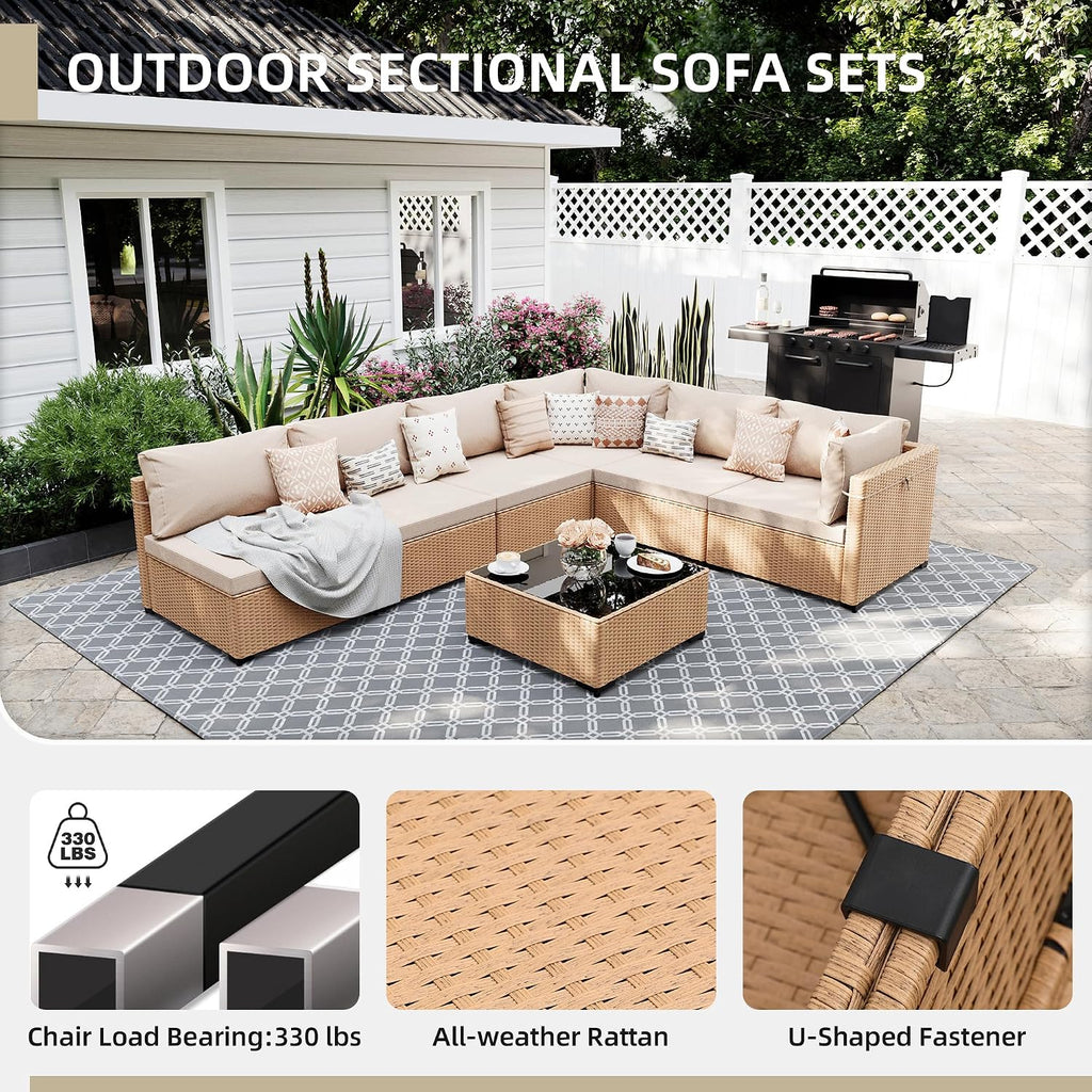 9-Piece Wicker Patio Furniture Set with Coffee Table, Beige | Outdoor sectional sofa set, patio conversation set for