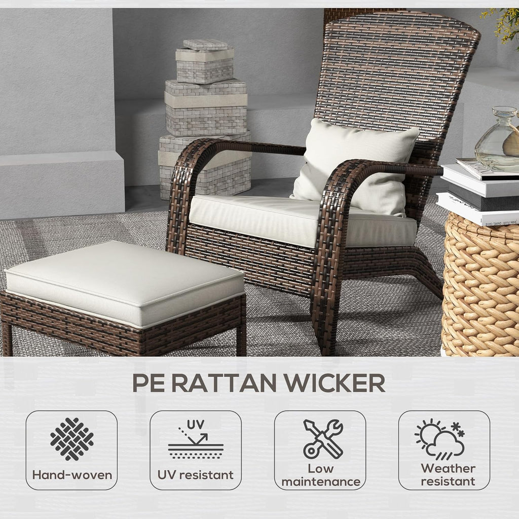 Patio Wicker Adirondack Chair with Ottoman High-Back Cream White | Outdoor Fire Pit Chair, Cushions, Large Seat &