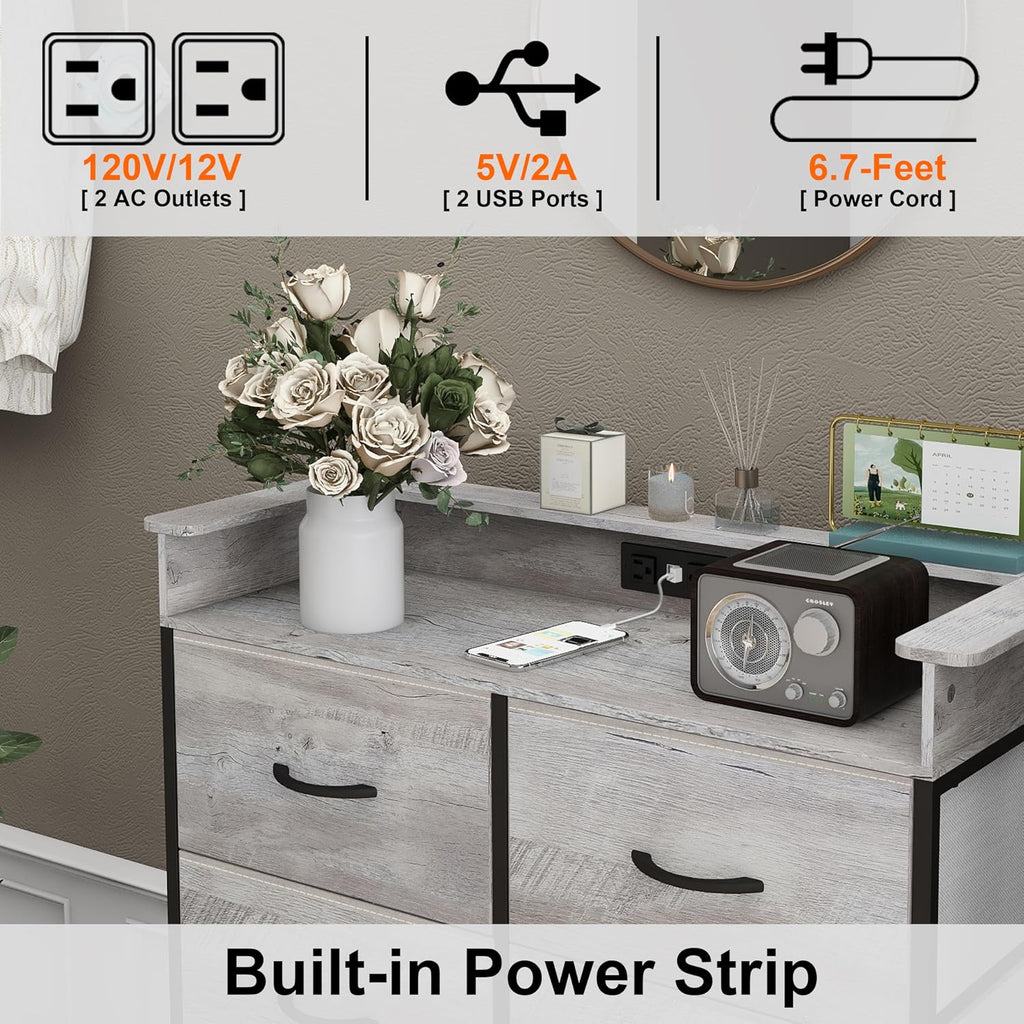 Dresser with Charing Station Grey Dresser with LED Lights Tall Dressers with 8 Drawers Storage Tower for Closet