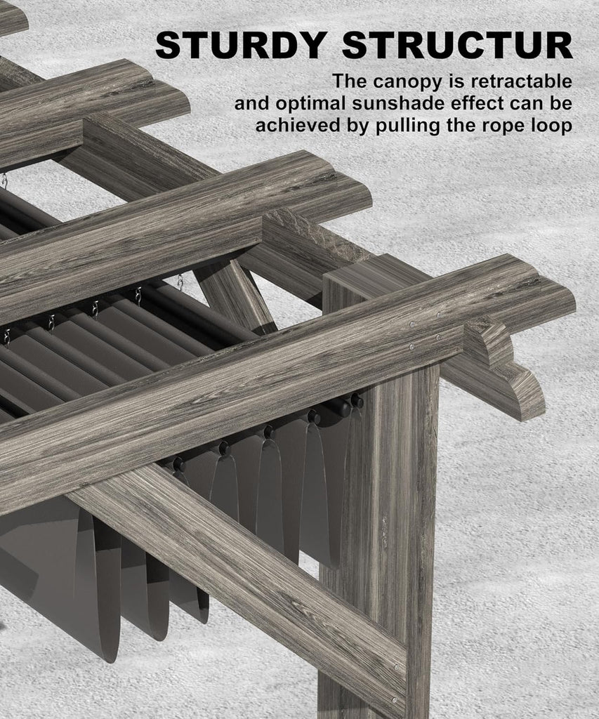10 X 12 FT Wood Pergola, Solid Structure, Retractable Shade Canopy, Outdoor Wooden Pergola