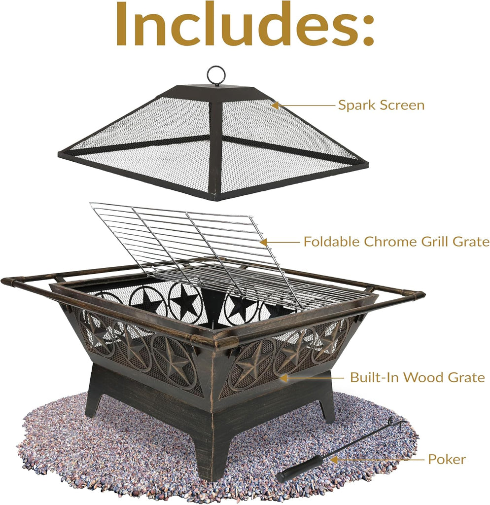 Sunnydaze Northern Galaxy 32-Inch Outdoor Fire Pit with Grill Grate, Spark Screen, and Poker - Heavy-Duty Wood-Burning Fire Pit for Outside - Image 3