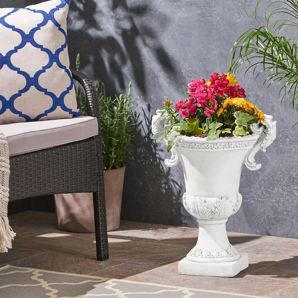 Jorine Patio Planter, Light Concrete Planter, Mid-Centry Gadern Urn, Floral Relif Design, Large Garden Pot, Flower