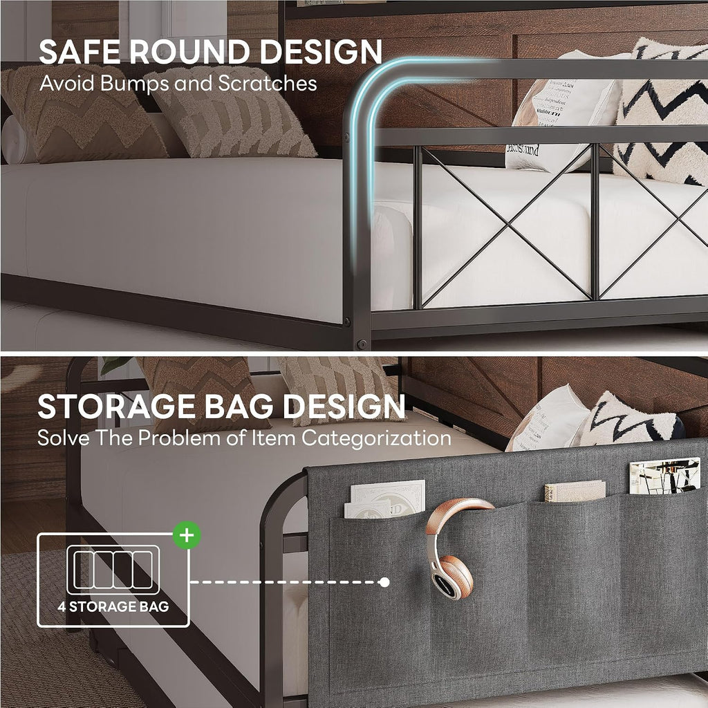 Twin Daybed with Pop Up Trundle & Charging Station & Storage Shelf | Pop Up Trundle with Smooth Wheels, Strong