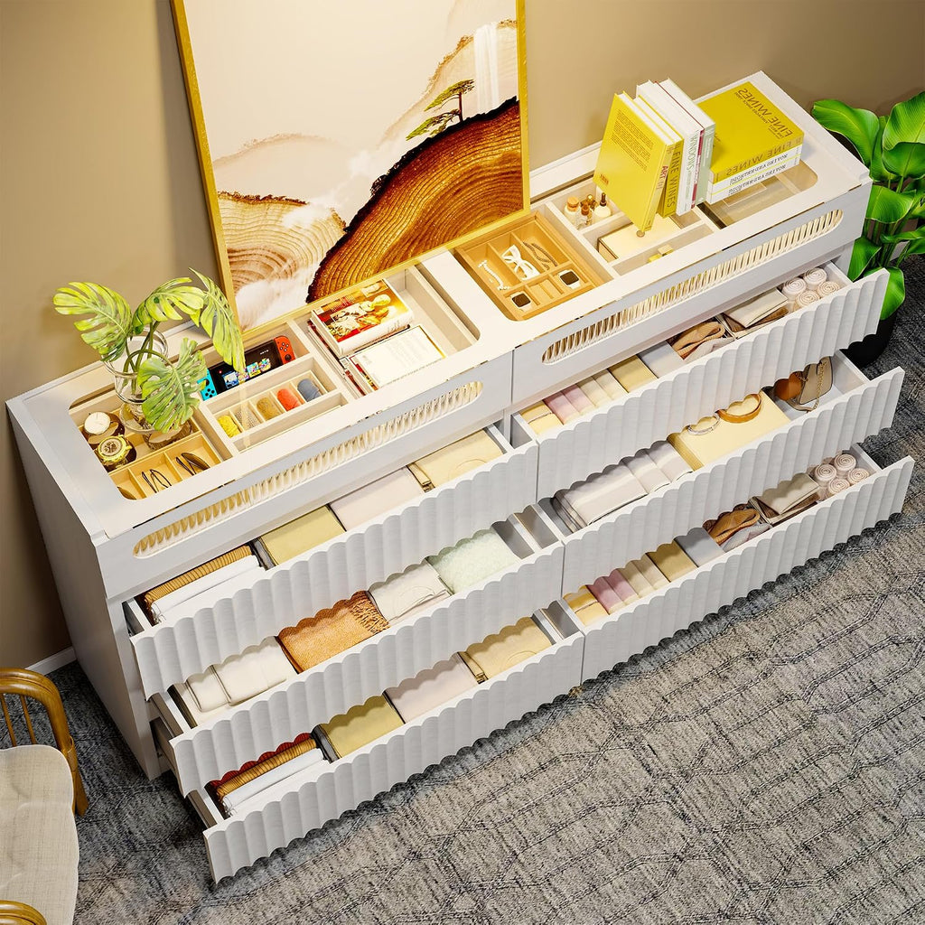 Fluted 8 Drawer Dresser,with LED Lights,Tempered Glass Panel,Drawer Dresser,Hidden Handles.Compartmentalized Storage