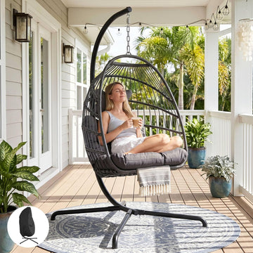Foldable Outdoor with Stand & Cover, Dark Grey | 350 lbs Heavy Duty, PE Wicker, Foldable, Hanging Hammock Chair with