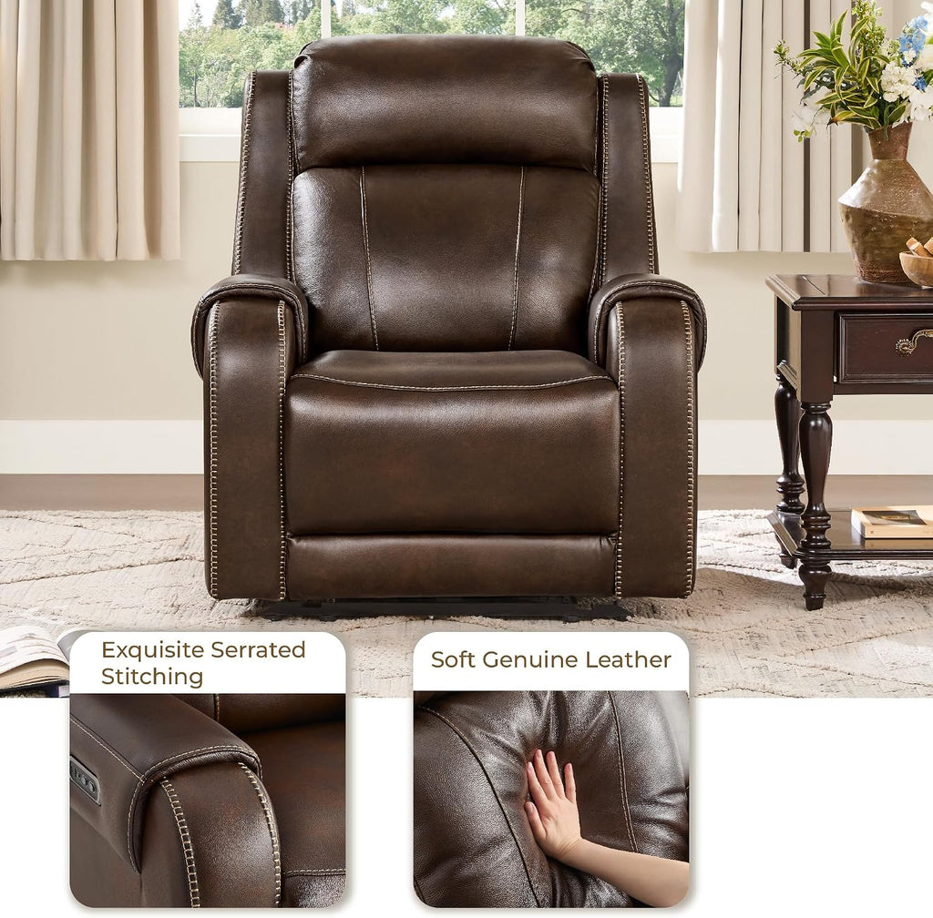 Genuine Leather Power Recliner Chair for Adults, Electric Wall Hugger Recliner with Adjustable Power Headrest &