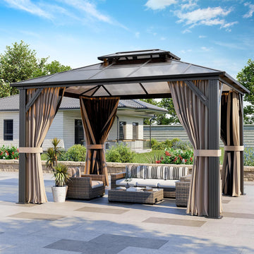 10'x12' Aluminum Polycarbonate Roof Gazebo Brown | Outdoor Hardtop Pergola with Aluminum Frame, Curtains and Netting