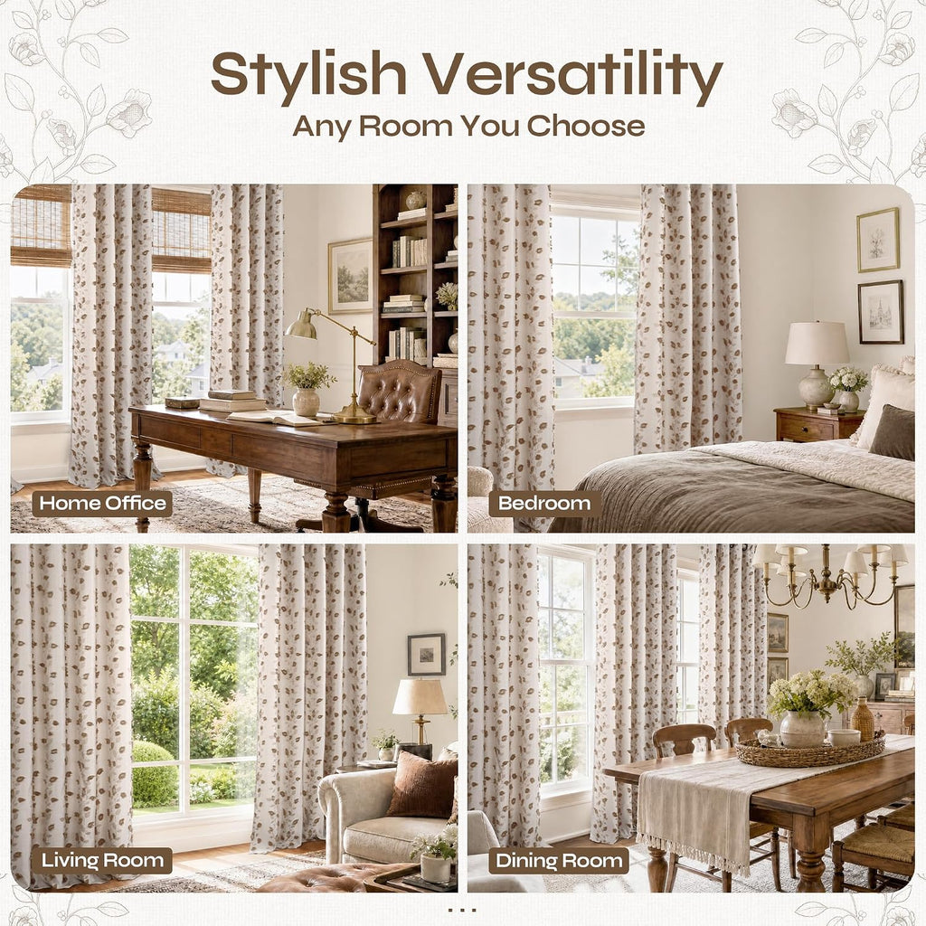 Brown Linen Curtains, Fall Boho Jacquard Leaf Botanical Pattern with Pom Pom Elegant Luxury Soft Farmhouse Vintage