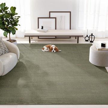 Plush Deco Collection Green Area Rug - Textured Stripe Design, Machine Washable, Non-Shedding, Easy to