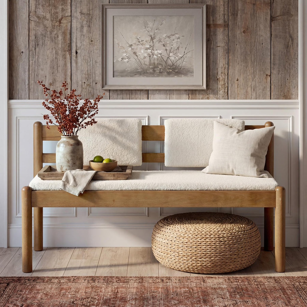 Solid Wood Entryway Bench, 49" Dining Bench with Back, Wood Settee Bench with Upholstered Seat, Farmhouse Bedroom