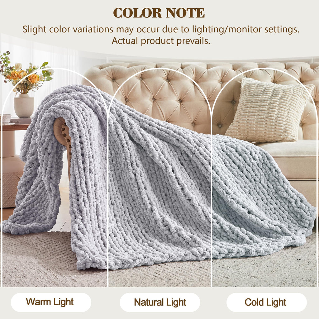 Chunky Knit Throw Blanket 60" x 80", 100% Hand Made, Grey