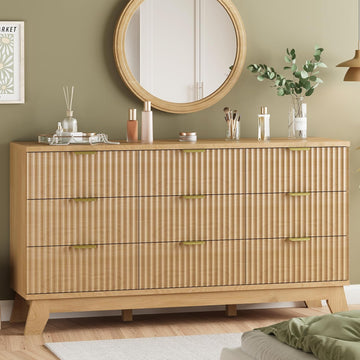 Fluted Dresser with 9 Drawers, 57" Wide Modern Chest of Drawers with Metal Handle, Wooden Dresser TV Stand, Wood