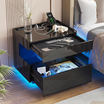Nightstand with Gun Drawers , Smart LED Night Stand with Hidden Compartment, High Gloss Bedside Table with 3 Color