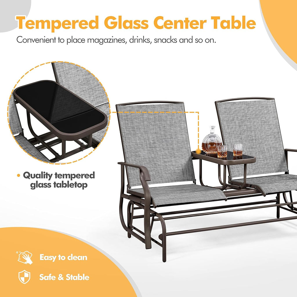 Outdoor Glider Bench Patio Loveseat with Table, Gray | Steel frame, Texteline fabric and tempered glass table provide