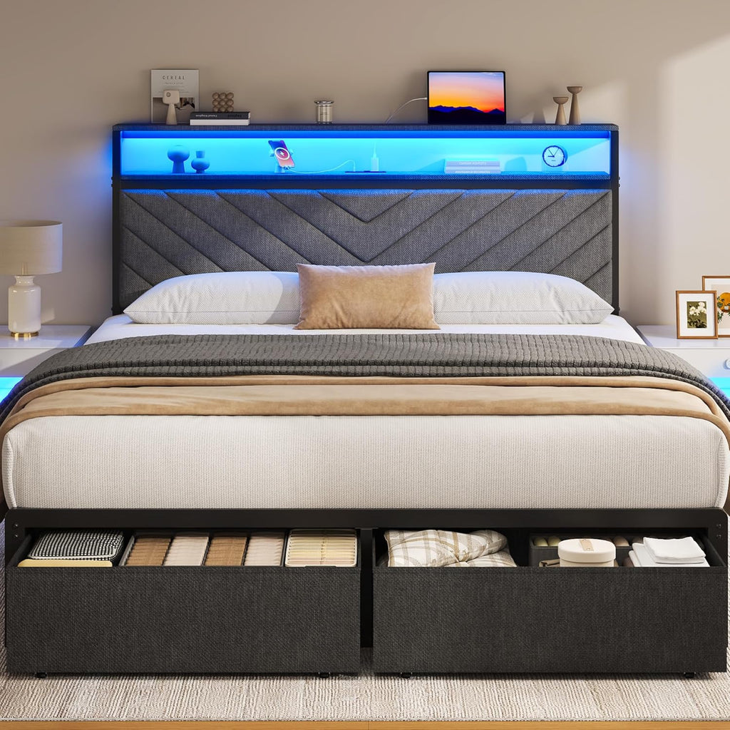Queen Bed Frame with 2 Drawers, Upholstered Headboard with Storage and Charging Station, LED Lights