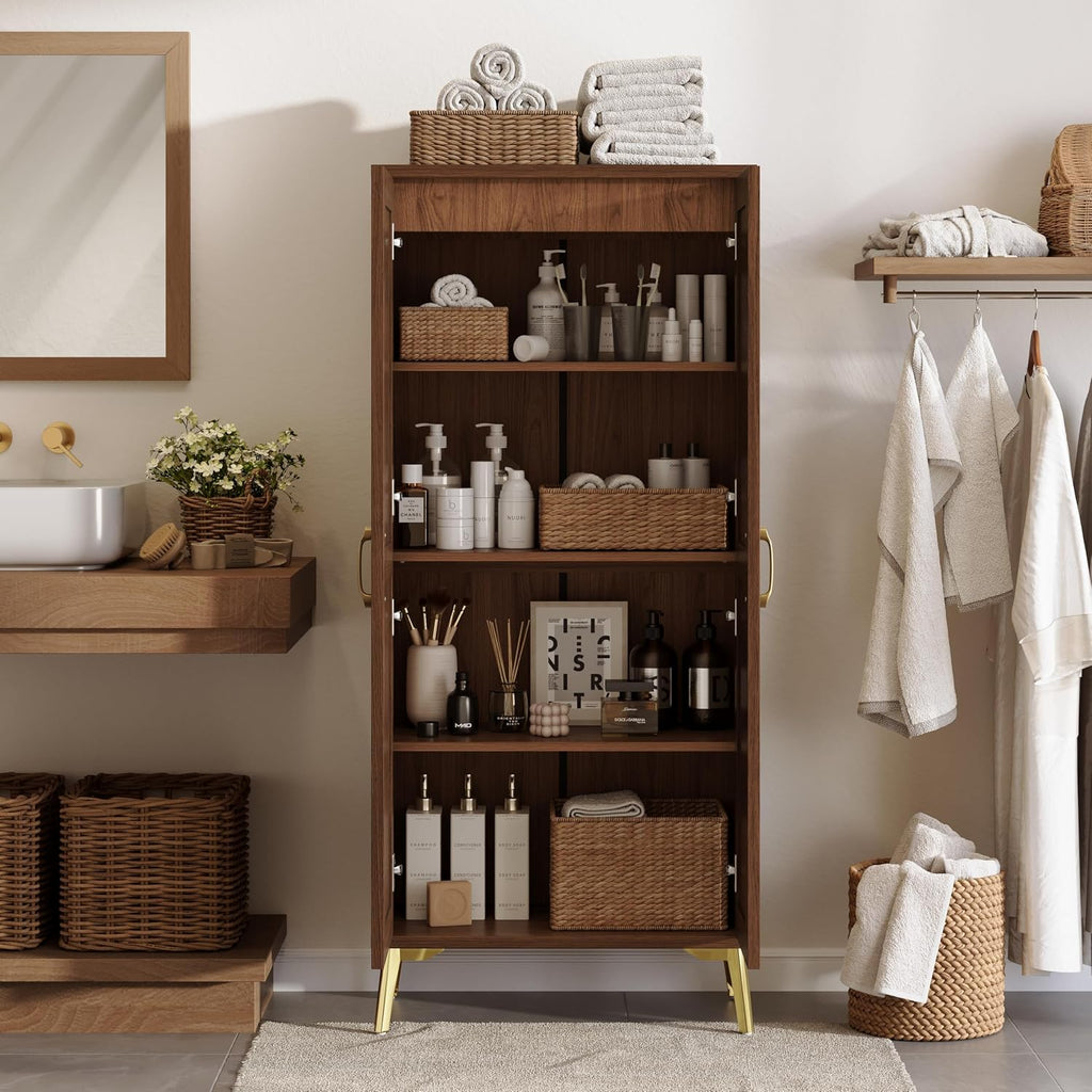 Tall Bathroom Storage Cabinet 57" Rattan Pantry Cabinet, Walnut | With Doors and Adjustable Shelves, Freestanding