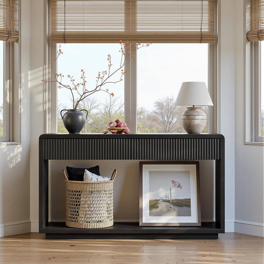 59'' Charcoal Black Entryway Table with Drawers, Fluted Console Table, Mid Century Modern Sofa Table with Storage