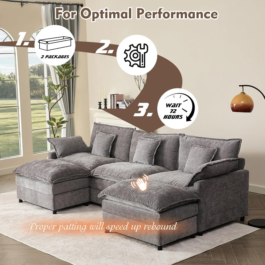108" U-Shaped Modular Cloud Couch, Deep Seat, Chenille Slate | Cloud Comfort, Couches , Removable & Machine-Washable
