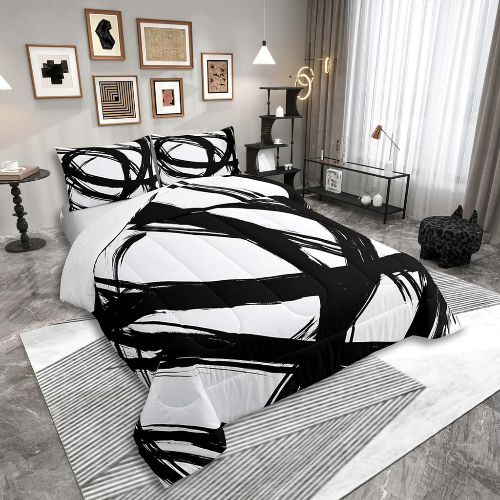 Black and White Abstarct Comforter Set for Adult Women Men