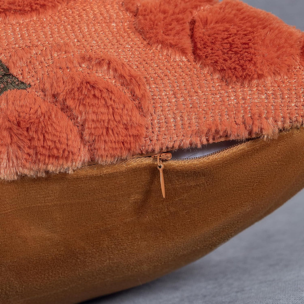 Fall Pumpkins Decorative Pillow Covers 20x20 Set of 2, Dark Rust Red Soft Plush Faux Fur Wool Farmhouse Throw Cushion