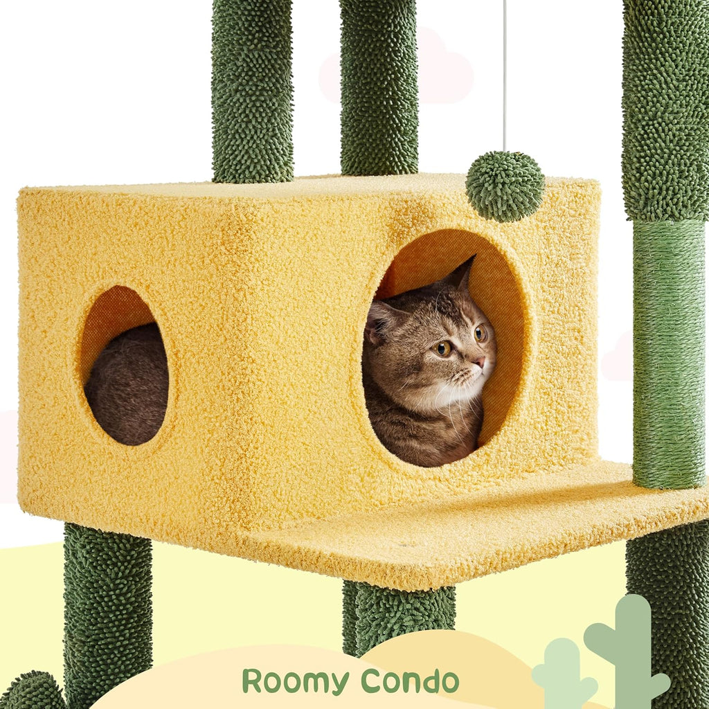 68.5in Tall Cactus Cat Tree, Multi-Level Tower with 2 Large Condos, Scratching Posts, 2 Acrylic Clear Bowls