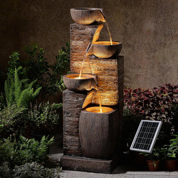 38.2" Tall Solar Powered Water Fountain,4 Tiers Modern Cascading Bowls and Stacked Stones Solar Fountains with LED