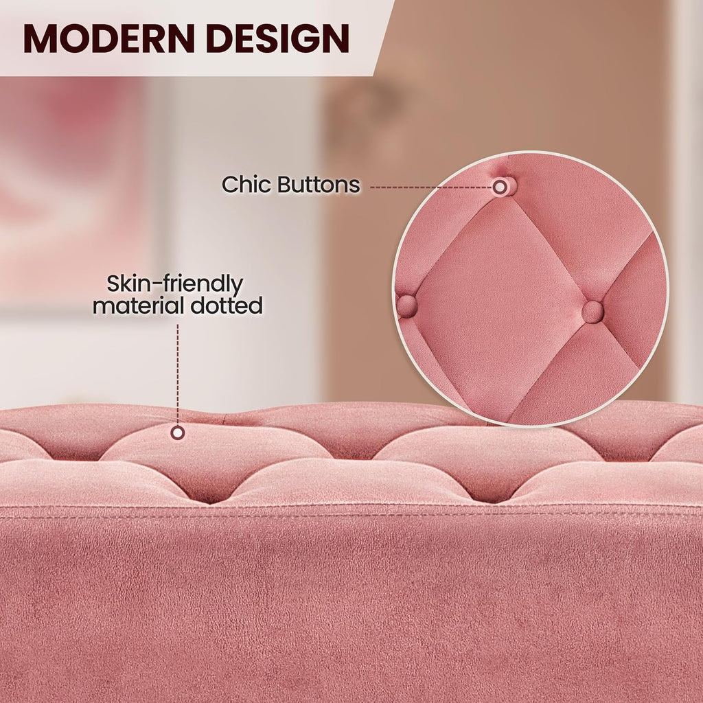 45in Velvet Ottoman Bench End of Bed, Pink | Tufted Upholstered Bench Seat, Bed Bench with Tapered Gold Metal Legs