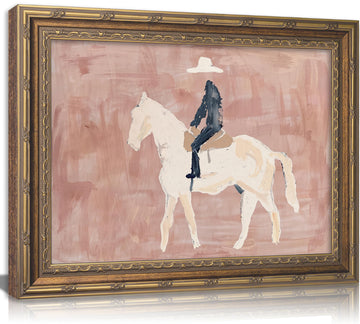 Vintage Gold Framed Western Cowboy Wall Art, Abstract Cowboy on Horse Art